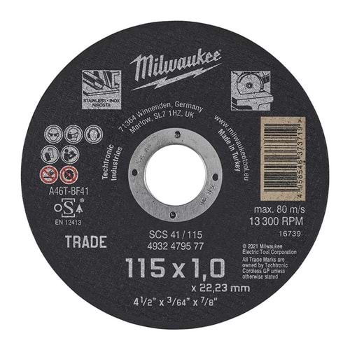 Milwaukee Taş Metal Kesme Taşı Inox Scs41 115X1.0Mm T4932479577